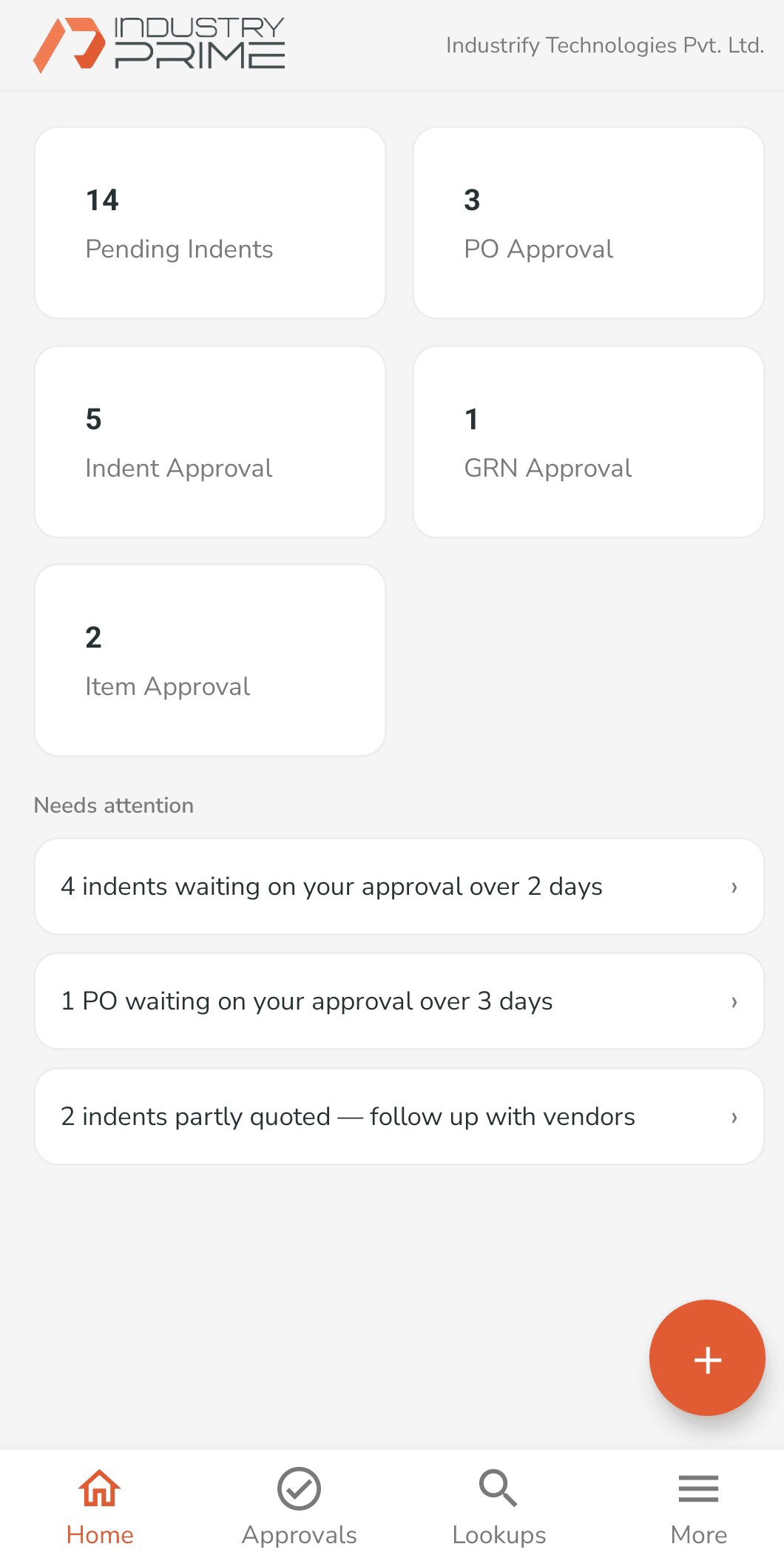 IndustryPrime phone app home: pending indents and approvals, and what needs attention